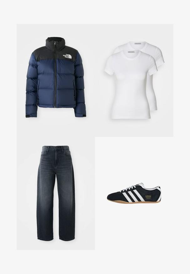 Tamno plava zimska jakna s kapuljačom i ramenima u crnoj boji, koja ima prednji zip, prošiveni uzorak i logo na lijevoj strani grudi.; Dvije bijele pamučne majice kratkih rukava, s okruglim izrezima i uskim krojem, s glatkom teksturom i minimalističkim dizajnom.; Jeans širokih nogavica od tamnog denima, s visokim strukom, klasičnom gumbom i zatvaračem, te suptilnim izblijeđivanjem na prednjem dijelu.; Crne suede tenisice s bijelim tri pruga, zlatnim logotipom i smešnim gumene potplate. Imaju nisku pertla dizajn.
