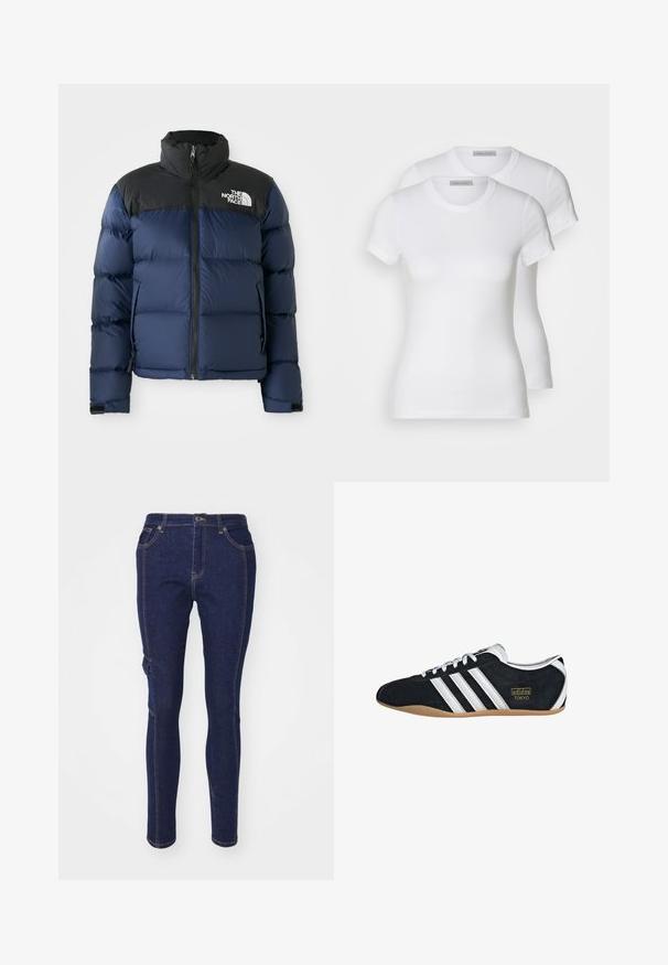 Tums zilas pūkainā jakas ar melnu kapuci un pleciem, ar priekšējo rāvējslēdzēju, šūtu rakstu un logotipu kreisajā krūtīs.; Divi balti kokvilnas t-krekli ar īsām piedurknēm, apaļām kakla izgriezumiem un pieguļošu siluetu, ar gludu tekstūru un minimālistisku dizainu.; Tumši zili džinsi ar slim fit griezumu, ar klasisku piecu kabatu dizainu un kontrastējošām oranžām šuvēm. Nav ievērojamu rakstu vai akcentu.; Melns zamšādas sporta apavi ar baltiem trim svītrām, zelta logotipu un brūnu gumijas zoli. Iezīmes zemas profila sasaistes dizains.