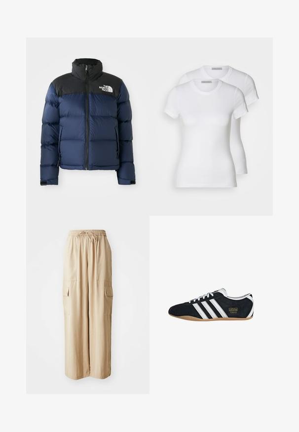 Tamsiai mėlynas pūkuotas švarkas su juodu gobtuvu ir pečiais, turintis priekines užtrauktuką, siuvinėtą raštą ir logotipą kairėje krūtinės pusėje.; Du du baltos medvilnės trumpomis rankovėmis marškiniai, su apvaliu iškirpimu ir prigludusia siluetu, turintys lygią tekstūrą ir minimalistinį dizainą.; Šviesiai rudos spalvos plačios kojinės cargo kelnės, pagamintos iš lengvos medžiagos. Turi elastingą juosmenį, raištelį ir šonines kišenes su atvartu.; Juodas zomšinis sportbačiai su baltomis trimis juostelėmis, auksine logotipu ir rudai guma pagamintu padu. Pasižymi žemu profiliu ir raišteliais.