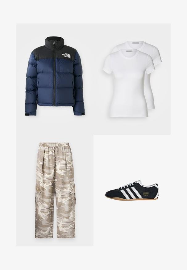 Navy blue puffer jacket with black hood and shoulders, featuring a front zip, stitched pattern, and logo on the left chest area.; Two white cotton t-shirts with short sleeves, round necklines, and a fitted silhouette, displaying a smooth texture and minimalistic design.; Camo cargo pants in beige and off-white. Features elastic waist, wide legs, two side cargo pockets, and a textured fabric.; Black suede sneaker with white three stripes, gold logo, and a brown rubber sole. Features a low-profile lace-up design.