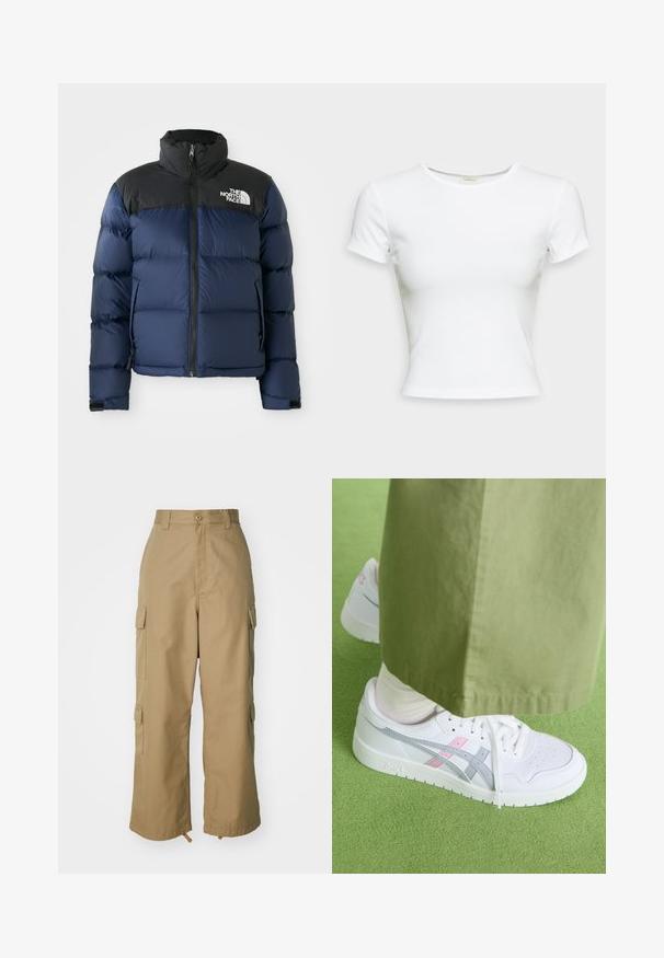 Mørkeblå puffjakke med svart hette og skuldre, med glidelås foran, sydd mønster og logo på venstre brystområde.; Hvit t-skjorte med korte ermer laget av glatt bomullsstoff. Den har en enkel, rund hals og en tettsittende fasong. Ingen mønstre eller detaljer.; Beige cargo bukser med høj talje, brede ben og fire store sidelommer. Fremstillet af slidstærkt stof med en glat tekstur og minimal detalje.; Hvite sneakers med grå og rosa detaljer, med en glatt læroverdel, perforert tåboks og flat hvit såle, kombinert med olivengrønne bukser.