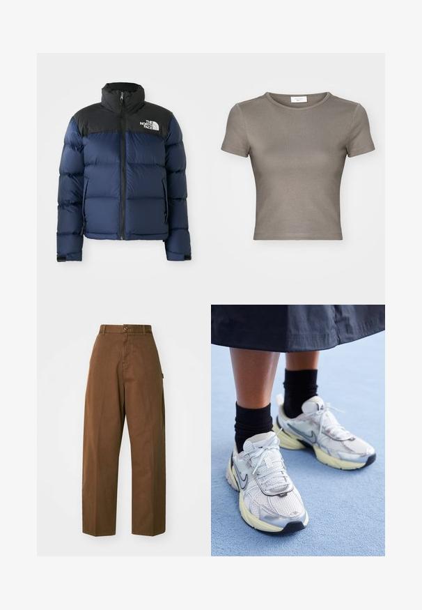 Mørkeblå puffjakke med sort hætte og skuldre, der har en frontlynlås, quiltet mønster og logo på venstre brystområde.; Kortærmet T-shirt med rund hals i taupe, lavet af glat bomuld. Har et tætsiddende design og fine sting langs kanten og ærmerne.; Brune, brede bukser lavet af slidstærkt stof med knaplukning og sidelommer. Glat tekstur og lige snit.; Hvide og sølv Nike sneakers med mesh-stof, reflekterende detaljer og en beige sål. Bæres med sorte sokker og står på en blå overflade.