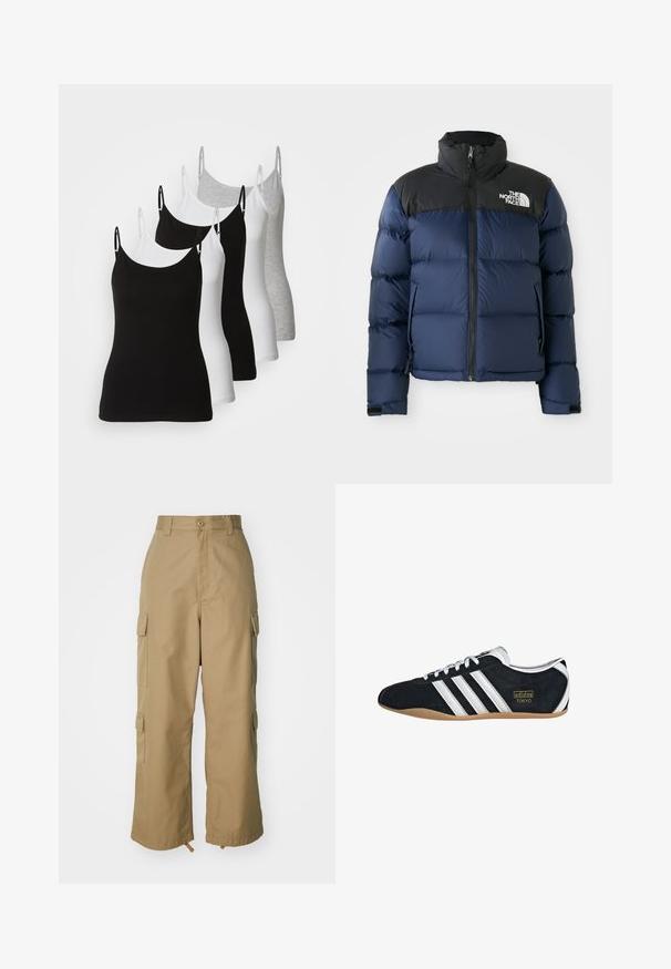 Navy blue puffer jacket with black hood and shoulders, featuring a front zip, stitched pattern, and logo on the left chest area.; Five sleeveless camisoles in black, white, and light gray. Made of a smooth, stretchy fabric with adjustable straps and rounded necklines.; Beige cargo pants with a high waist, wide legs, and four large side pockets. Made of durable fabric with a smooth texture and minimal detail.; Black suede sneaker with white three stripes, gold logo, and a brown rubber sole. Features a low-profile lace-up design.