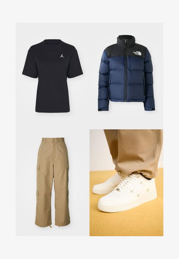 Marineblaue Steppjacke mit schwarzer Kapuze und Schultern, ausgestattet mit einem Reißverschluss vorne, genähtem Muster und Logo im linken Brustbereich.; Schwarzes Baumwoll-T-Shirt mit Rundhals und kurzen Ärmeln. Mit einem weißen Jumpman-Logo auf der linken Brust. Weiche Textur, normale Passform.; Beige Cargo-Hosen mit hoher Taille, weitem Bein und vier großen Seitentaschen. Aus strapazierfähigem Stoff mit glatter Textur und minimalen Details.; Weiße Leder-Sneaker mit perforierter Zehenpartie, goldenen Akzenten und flachen Schnürsenkeln, kombiniert mit beigen Hosen auf einer strukturierten gelben Oberfläche.