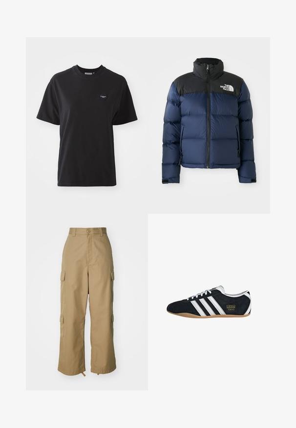 Mørkeblå puffjakke med svart hette og skuldre, med glidelås foran, sydd mønster og logo på venstre brystområde.; Svart bomulls t-skjorte med rund hals, korte ermer og en liten hjerteformet logo øverst til venstre. Glatt tekstur, avslappet passform.; Beige cargo bukser med høj talje, brede ben og fire store sidelommer. Fremstillet af slidstærkt stof med en glat tekstur og minimal detalje.; Svart semsket sneaker med hvite tre striper, gulllogo og brun gummisåle. Har en lavprofil snøring.