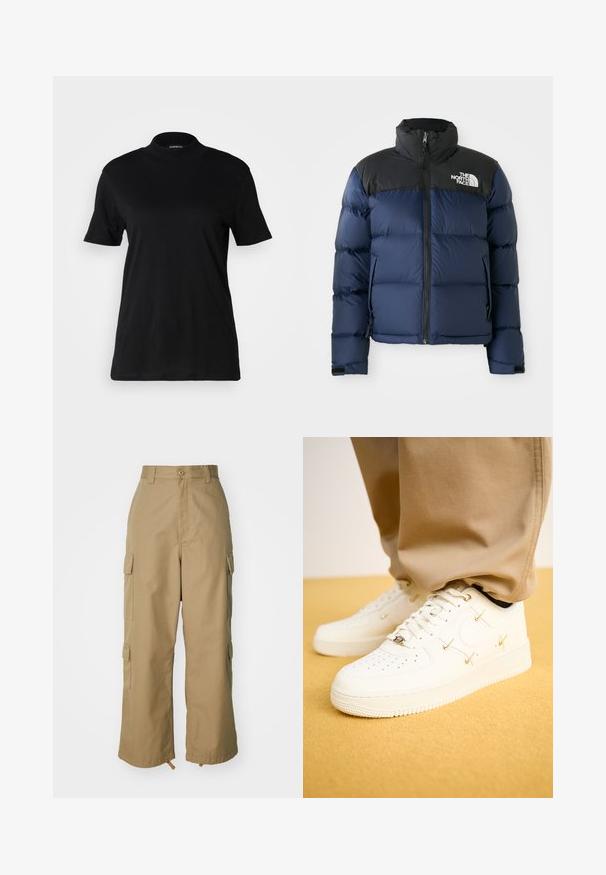 Navy blue puffer jacket with black hood and shoulders, featuring a front zip, stitched pattern, and logo on the left chest area.; Black short-sleeve t-shirt with a high neckline, made of smooth cotton fabric. Simple design with no visible patterns or graphics.; Beige cargo pants with a high waist, wide legs, and four large side pockets. Made of durable fabric with a smooth texture and minimal detail.; White leather sneakers with perforated toe, golden accents, and flat laces, paired with beige pants on a textured yellow surface.