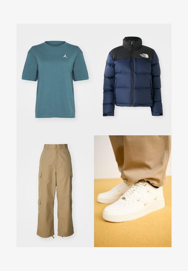 Giacca a vento blu navy con cappuccio e spalle nere, caratterizzata da una zip frontale, un motivo cucito e un logo sull'area sinistra del petto.; Jordan TEE - T-shirt basic - oxidized green; Pantaloni cargo beige con vita alta, gamba ampia e quattro grandi tasche laterali. Realizzati in un tessuto resistente con una texture liscia e dettagli minimi.; Sneakers bianchi in pelle con punta perforata, dettagli dorati e lacci piatti, abbinati a pantaloni beige su una superficie gialla texturizzata.