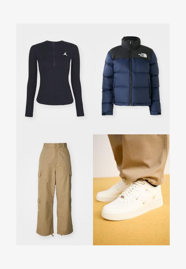 Marineblaue Steppjacke mit schwarzer Kapuze und Schultern, ausgestattet mit einem Reißverschluss vorne, genähtem Muster und Logo im linken Brustbereich.; Schwarzes, geripptes Langarmoberteil mit hohem Kragen und kurzem Reißverschluss. Mit einem weißen Jordan-Logo auf der linken Brust.; Beige Cargo-Hosen mit hoher Taille, weitem Bein und vier großen Seitentaschen. Aus strapazierfähigem Stoff mit glatter Textur und minimalen Details.; Weiße Leder-Sneaker mit perforierter Zehenpartie, goldenen Akzenten und flachen Schnürsenkeln, kombiniert mit beigen Hosen auf einer strukturierten gelben Oberfläche.