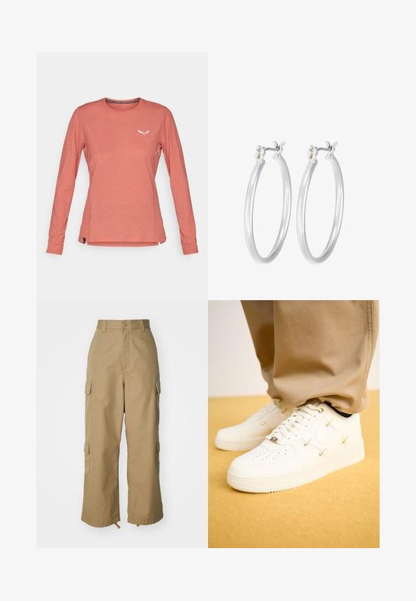 Navy blue puffer jacket with black hood and shoulders, featuring a front zip, stitched pattern, and logo on the left chest area.; Long-sleeve, light coral shirt made of soft fabric, featuring a round neckline and a small white logo on the chest. Side slits at the hem.; Beige cargo pants with a high waist, wide legs, and four large side pockets. Made of durable fabric with a smooth texture and minimal detail.; White leather sneakers with perforated toe, golden accents, and flat laces, paired with beige pants on a textured yellow surface.; Silver hoop earrings with a smooth, polished finish. Round shape and secure click-top closure. Lightweight design suitable for everyday wear.