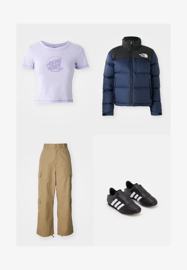 Chaqueta acolchada azul marino con capucha y hombros negros, que cuenta con un cierre frontal, patrón cosido y logotipo en el área del pecho izquierdo.; Camiseta ajustada morada con mangas cortas, escote redondo y costuras en contraste. Presenta un diseño gráfico de "SANTA CRUZ" en la parte delantera.; Pantalones cargo beige con cintura alta, piernas amplias y cuatro grandes bolsillos laterales. Fabricados con un tejido duradero y una textura suave, con un detalle mínimo.; Botas de fútbol negras con una parte superior de cuero texturizado, que cuentan con una puntera acolchada, tres rayas blancas en los laterales y una suela de goma.