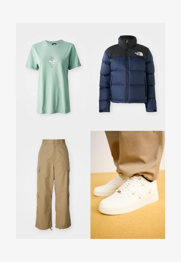 Navy blue puffer jacket with black hood and shoulders, featuring a front zip, stitched pattern, and logo on the left chest area.; Light green cotton t-shirt with short rolled sleeves, featuring a central graphic of a plant in a round pot, logo on the lower front.; Beige cargo pants with a high waist, wide legs, and four large side pockets. Made of durable fabric with a smooth texture and minimal detail.; White leather sneakers with perforated toe, golden accents, and flat laces, paired with beige pants on a textured yellow surface.