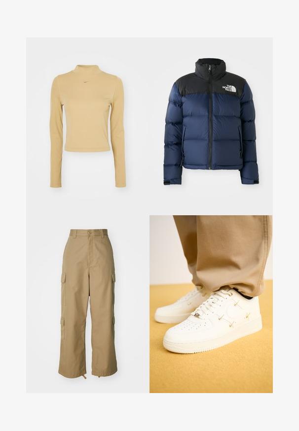 Tamno plava zimska jakna s kapuljačom i ramenima u crnoj boji, koja ima prednji zip, prošiveni uzorak i logo na lijevoj strani grudi.; Dugih rukava, rebrasti rolak u svijetloj bež boji s uskim krojem. Sadrži mali zlatni Nike logo na prsima. Glatka tekstura.; Bež cargo hlače visokog struka, širokih nogavica i četiri velika bočna džepa. Napravljene su od izdržljivog materijala s glatkom teksturom i minimalnim detaljima.; Bijele kožne tenisice s perforiranim nosom, zlatnim detaljima i ravnim vezicama, u kombinaciji s bež hlačama na strukturalnoj žutoj podlozi.