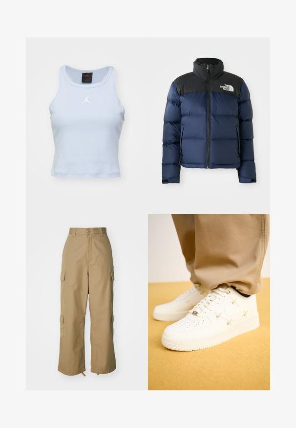Tumesinine puhvjakindel jakk, musta kapuutsi ja õlgadega, esiküljel lukk, õmmeldud muster ja logo vasakul rindkeres.; Hele sinise, sobiva lõikega tank top, mis on valmistatud ribakudumisest, on ümarate kraega ja JORDAN logo valge värviga rinnal. Varvata disain.; Beezid kargo püksid kõrge vöökohaga, laiad jalad ja neli suurt külgtaskut. Valmistatud vastupidavast kangast, millel on sile tekstuur ja minimaalne detail.; Valge nahast tossud perforatsiooniga varbaküljel, kuldsed aktsendid ja lame nöör, koos beežide pükstega tekstureeritud kollasel pinnal.