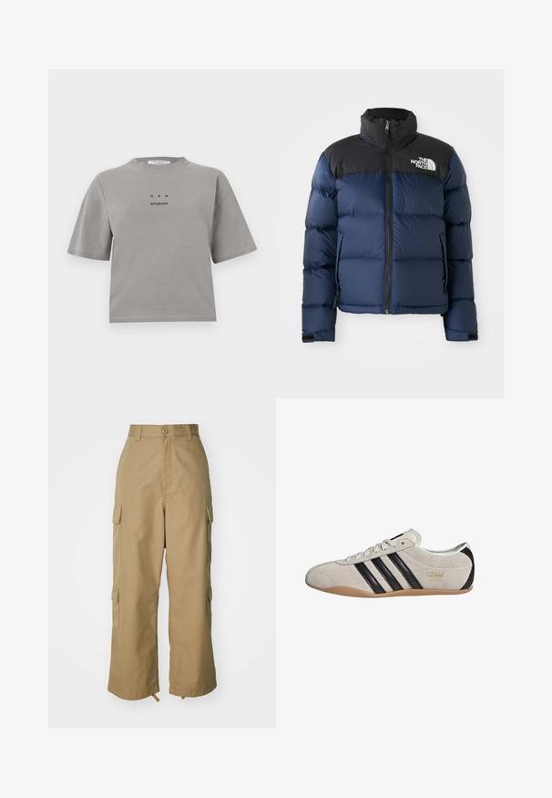 Navy blue puffer jacket with black hood and shoulders, featuring a front zip, stitched pattern, and logo on the left chest area.; Gray cotton t-shirt with short sleeves, a crew neckline, and a front logo reading "GPH STUDIOS" in black. Relaxed fit design.; Beige cargo pants with a high waist, wide legs, and four large side pockets. Made of durable fabric with a smooth texture and minimal detail.; Suede sneaker with a gray upper, black stripes, and a gum rubber sole. Features a lace-up closure and a gold logo detail on the side.