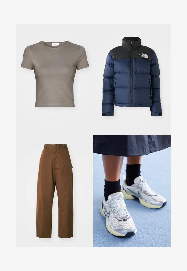 Mørkeblå puffjakke med sort hætte og skuldre, der har en frontlynlås, quiltet mønster og logo på venstre brystområde.; Kortærmet T-shirt med rund hals i taupe, lavet af glat bomuld. Har et tætsiddende design og fine sting langs kanten og ærmerne.; Brune, brede bukser lavet af slidstærkt stof med knaplukning og sidelommer. Glat tekstur og lige snit.; Hvide og sølv Nike sneakers med mesh-stof, reflekterende detaljer og en beige sål. Bæres med sorte sokker og står på en blå overflade.
