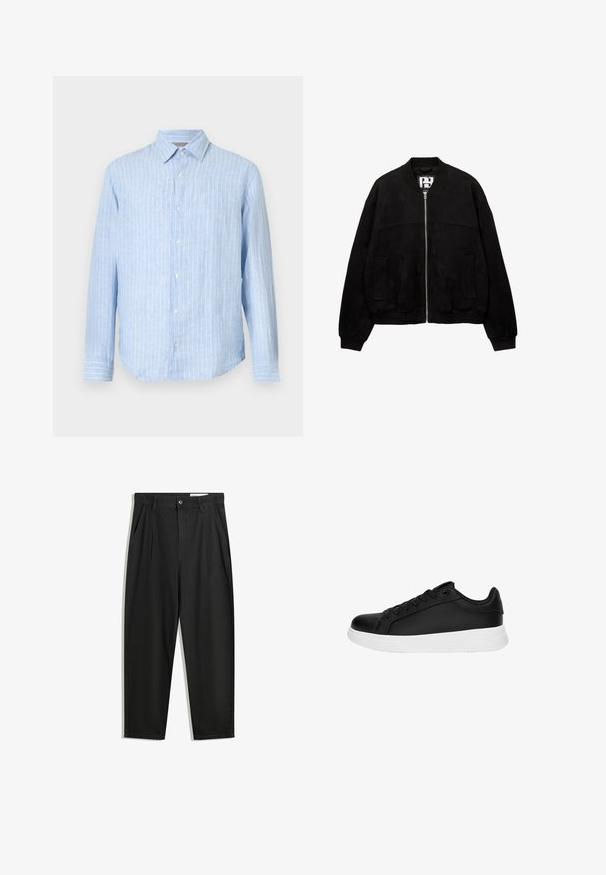 PULL&BEAR Bomber dzseki - black; Világoskék gombos ing, függőleges fehér csíkkal, hosszú ujjak, hegyes gallér és lekerekített alsó rész. Könnyű anyagból készült.; Fekete pamut nadrág laza szabással, klasszikus derékrésszel, elülső hajtásokkal és oldalsó zsebekkel. Simább textúra minta nélkül.; Fekete sportcipő sima bőr textúrával, fehér gumitalppal, lekerekített orral és hat fűzőlyukkal rendelkező fűzős dizájnnal.