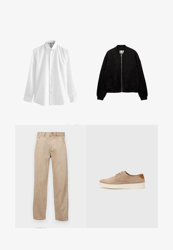 PULL&BEAR Bomberjacka - black; Vit långärmad skjorta i bomull med klassisk krage, knappstängning fram och rak nederkant med manschetter vid handlederna.; Beige denimjeans med rak passform, som har framfickor, metallknappstängning och subtil textur.; Beige mockasinsneakers med rund tå, snörning fram och texturerad bakaxel. Vit gummisula ger kontrast. Enkelt och modernt design.
