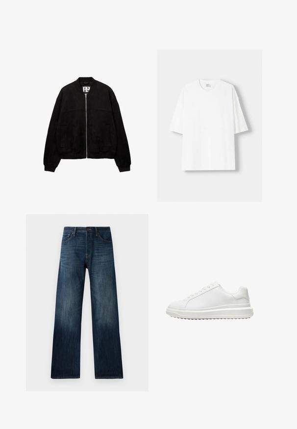 PULL&BEAR Bomber dzseki - black; Fehér, rövid ujjú pamut póló, kerek nyakkivágással és laza szabással. Simább textúra, látható minták vagy díszítések nélkül.; Sötétkék farmerszónia egyenes szabással, könnyű textúrával, övhurkokkal és klasszikus öt zsebes stílussal.; Fehér edzőcipő sima szintetikus felsőrész, kerek orr, lapos fűzők, texturált talp és réteges, platform dizájn a magasabb megjelenés érdekében.