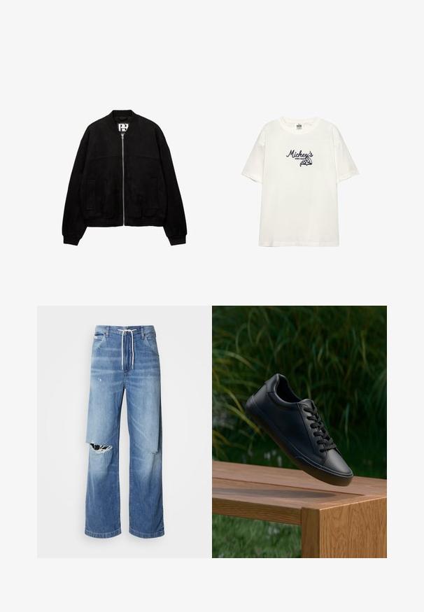 PULL&BEAR Bomber dzseki - black; Fehér pamut póló rövid ujjakkal. Navy kék hímzett "Mickey's" felirattal és pizzás grafikával díszítve. Egyszerű kötött nyakkivágás.; Világoskék farmernadrág laza szabással, fehér húzózsinóros derékpánttal, a elején jellegzetes szakításokkal, amelyeken cérnával szelektált szélek láthatók.; Fekete bőr sneaker sima textúrával, kerek orral és lapos cipőfűzővel, egy fa felület felett helyezkedik el, a háttérben zöld fűvel.