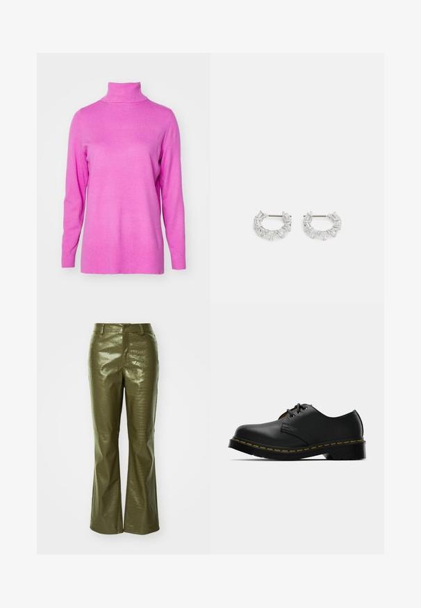 Palton negru cu guler decupat, mâneci lungi, curea în talie și croi drept, realizat dintr-un material moale, texturat.; ONLY ONLIBI LONG SLIT ROLLNECK - Pulover - super pink; Pantaloni din piele eco verde măslin cu textură de crocodil, având talie ajustată și picioare evazate. Materialul are un finisaj lucios.; Pantofi negri din piele, cu vârf rotunjit, design cu șireturi, cusături galbene pe talpă și o talpă groasă din cauciuc negru pentru aderență.; Cercei argintii în formă de cerc, pe care sunt așezate cristale clare, rectangulare și triangulară, dispuse într-un design patterned. Acestora le sunt atașate piese pentru o fixare sigură.