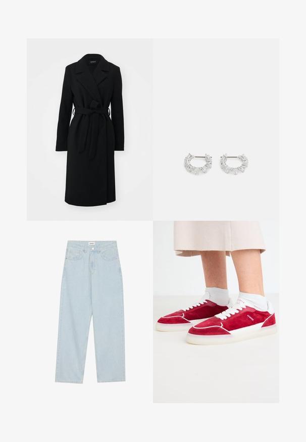 Cappotto avvolgente nero con colletto a revers, maniche lunghe, cintura in vita e taglio dritto, realizzato in un morbido tessuto testurizzato.; Tre magliette a maniche lunghe impilate: nera, grigia e bianca. Ognuna ha un colletto rotondo e un design accorciato con tessuto morbido e leggero.; Jeans azzurri a gamba larga in denim, con vita media, cinque tasche e chiusura con bottone accompagnata da un sottile accento metallico.; Sneakers in suede rosso con accenti e lacci bianchi, dotati di una suola in gomma liscia e elementi di design minimalisti.; Orecchini a cerchio in argento con cristalli trasparenti, rettangolari e triangolari disposti in un design a motivi. presenza di perni per un fissaggio sicuro.