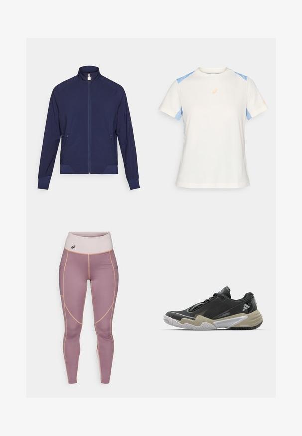 Veste zippée marine avec col haut, panneaux latéraux texturés et deux poches latérales. Tissu doux et extensible avec des détails perforés.; T-shirt léger à manches courtes en crème avec des panneaux d'épaule bleus. Présente un logo orange sur la poitrine et des détails de couture contrastants.; Leggings en tissu lisse et extensible de couleur violet clair avec des accents beiges. Ils présentent une taille haute et des poches latérales.; Chaussure de sport noire et beige avec une tige texturée, un design de semelle proéminent, des accents réfléchissants et un système de laçage. Construction légère.