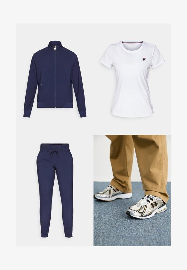 Navy zip-up jacket with high collar, textured side panels, and two side pockets. Soft, stretchy fabric with perforated detailing.; White short-sleeve T-shirt made of lightweight fabric. Features a round neck and a small colored logo on the left chest. Simple design.; Navy blue jogger pants with an elastic waistband and adjustable drawstring, featuring tapered legs and ribbed ankle cuffs. Smooth fabric texture.; White and silver New Balance sneakers with black accents and laces, featuring a mesh upper, cushioned sole, and dynamic design.