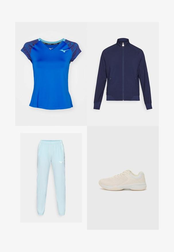 Jūras spēku zipsjakas ar augstu apkakli, teksturētām sānu paneļiem un divām sānu kabatām. Mīksts, elastīgs audums ar perforētu detaļu.; Mizuno MUGEN TEE - Sporta krekli - mugen blue; Gaiši zili sporta bikses no gludas auduma, ar elastīgu jostu, sašaurinātām kājām un baltu logotipu uz kreisā augšstilba.; Gaišbeigā sporta kurpe ar strukturētu virsu, kontrastējošām baltām akcentiem, apaļu purngalu un elastīgu gumijas zoli.