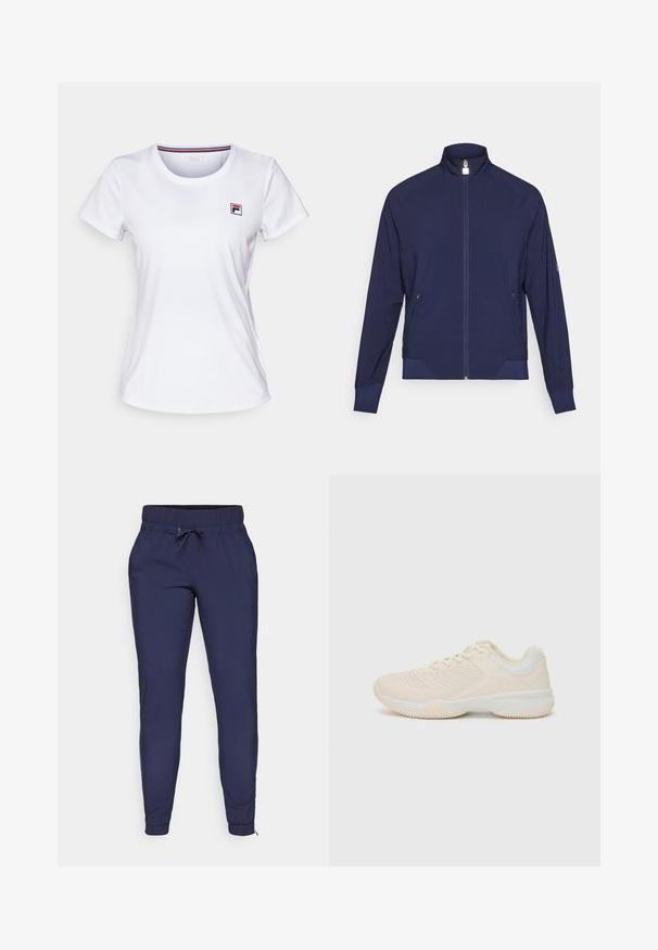 Jūras spēku zipsjakas ar augstu apkakli, teksturētām sānu paneļiem un divām sānu kabatām. Mīksts, elastīgs audums ar perforētu detaļu.; Balts īsās piedurknes T-krekls, izgatavots no viegla auduma. Iezīmē apaļu apkakli un mazu krāsainu logotipu kreisajā krūtī. Vienkāršs dizains.; Tums zilas jogger bikses ar elastīgu jostasvietu un regulējamu auklu, ar sašaurinātiem kājiem un ribotām potīšu malām. Gluda auduma tekstūra.; Gaišbeigā sporta kurpe ar strukturētu virsu, kontrastējošām baltām akcentiem, apaļu purngalu un elastīgu gumijas zoli.