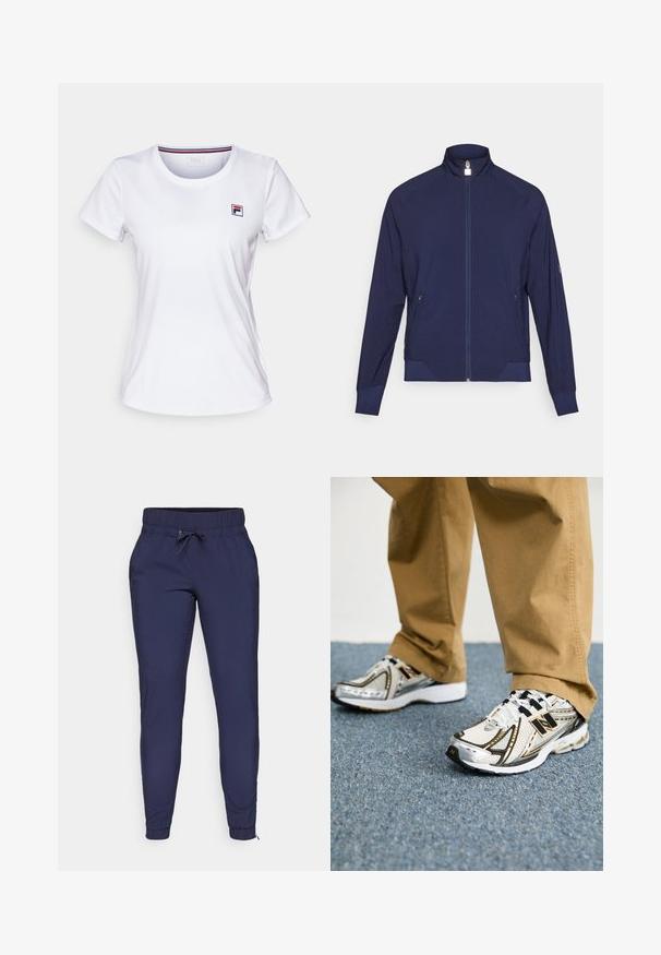 Jūrų laivyno užtrauktukas striukė su aukštu apykakle, tekstūruotomis šoninėmis juostomis ir dviem šoninėmis kišenėmis. Minkšta, tampri medžiaga su perforuota apdaila.; Balta trumpa rankovė T-marškiniai, pagaminti iš lengvos medžiagos. Turi apvalią kaklą ir mažą spalvotą logotipą kairėje krūtinės pusėje. Paprastas dizainas.; Tamsiai mėlynos spalvos džogerių kelnės su elastinga juosta ir reguliuojama raišteliu, su siaurėjantys klešnių gamybos ir lankstytomis čiurnų apykaklėmis. Lygus audinio paviršius.; Balti ir sidabriniai New Balance sportbačiai su juodais akcentais ir raišteliais, turintys tinklinę viršutinę dalį, paminkštintą padu ir dinamišką dizainą.