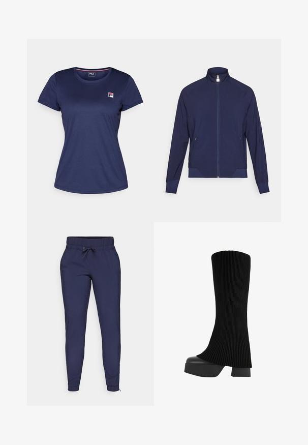 Tengerészeti zipzáras dzseki magas gallérral, texturált oldalsó panelekkel és két oldalsó zsebbel. Puha, nyújtható anyag, perforált részletekkel.; Sötétkék, rövid ujjú póló, sima anyagból készült, bal mellen egy kis Fila logóval. Kerek nyakú és klasszikus szabású.; Sötétkék jogging nadrág rugalmas derékkal és állítható húzózsinórral, keskenyített lábakkal és bordás boka mandzsettákkal. Simaság jellemzi az anyagot.; Fekete, térdig érő csizma bordázott szövet felsőrésszel, masszív platform talppal és blokk sarkával, sima textúrával és letisztult, modern dizájnnal.