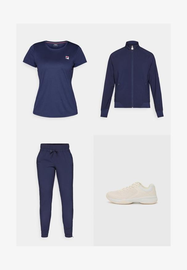 Jūras spēku zipsjakas ar augstu apkakli, teksturētām sānu paneļiem un divām sānu kabatām. Mīksts, elastīgs audums ar perforētu detaļu.; Jūras zila īsām piedurknēm T-krekls, kas izgatavots no gludas auduma, ar mazu Fila logotipu kreisajā krūtī. Apaļš apkakle un klasiskā piegriezuma.; Tums zilas jogger bikses ar elastīgu jostasvietu un regulējamu auklu, ar sašaurinātiem kājiem un ribotām potīšu malām. Gluda auduma tekstūra.; Gaišbeigā sporta kurpe ar strukturētu virsu, kontrastējošām baltām akcentiem, apaļu purngalu un elastīgu gumijas zoli.
