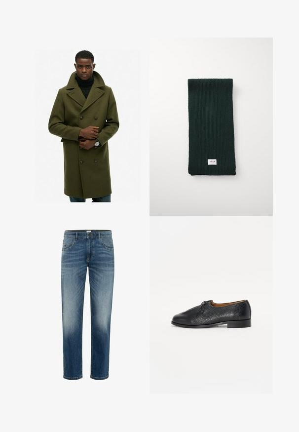 Olivgrüner Wollmantel mit doppelt geknöpftem Verschluss, breiten Revers und Fronttaschen. Trägt man über einem schwarzen Rollkragenpullover.; Langärmliges kariertes Hemd aus beigem, schwarzem und braunem Stoff, mit Knopfverschluss, zwei Brusttaschen und klassischem Kragen.; Zwei weiße Baumwoll-T-Shirts mit rundem Ausschnitt und kurzen Ärmeln, versehen mit einem kleinen schwarzen Polo-Logo unten links.; Blaue Jeans aus Denim. Gerades Bein Design, mittlerer Bund, mit Verwaschungen, kontrastierenden Nähten und fünf Taschen für die Aufbewahrung.; Schwarzer Lederschuh mit texturiertem Finish, runder Zehe und einem kleinen Schleifenakzent im oberen Bereich. Verfügt über einen niedrigen, stabilen Absatz.; Dunkelgrüner gerippter Strickschal in rechteckiger Form mit einem kleinen weißen Etikett mit "ARRKK" am unteren Ende. Weiche Textur.