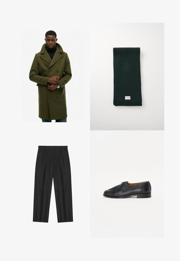 Manteau en laine vert olive avec fermeture à double boutonnage, larges revers et poches avant. Porté sur un col roulé noir.; Chemise à manches longues à carreaux en tissu beige, noir et marron, avec fermeture à boutons, deux poches poitrine et un col classique.; Deux t-shirts blancs en coton avec encolures rondes et manches courtes, arborant un petit logo polo noir en bas à gauche.; Pantalon noir droit avec passants de ceinture, poches latérales et un design avant légèrement plissé.; Chaussure en cuir noir avec une finition texturée, bout arrondi et un petit nœud décoratif sur le dessus. Dispose d'un petit talon solide.; Écharpe en tricot côtelé vert foncé de forme rectangulaire, avec une petite étiquette blanche portant "ARRKK" en bas. Texture douce.