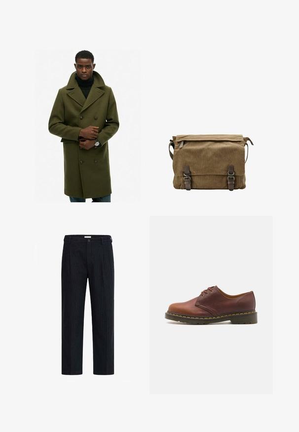 Manteau en laine vert olive avec fermeture à double boutonnage, larges revers et poches avant. Porté sur un col roulé noir.; Jeune homme aux cheveux bouclés portant une chemise à carreaux rouges sur un débardeur blanc, un pantalon noir, avec des tatouages visibles au cou et aux mains, et des bagues en argent.; T-shirt en coton blanc avec un col rond, des manches courtes et une coupe décontractée. Présente un design uni sans motifs ni accents.; Pantalons à rayures foncées avec une coupe droite, fermeture à bouton et plis tailleurs, fabriqués à partir d'un tissu texturé.; Chaussure en cuir marron avec une finition lisse, bout rond et laçage à cinq œillets. Présente des coutures jaunes le long de la semelle et un talon texturé.; Sac de messager en toile marron avec une fermeture à rabat, comportant deux sangles en cuir, des éléments en métal et une poche zippée sur le côté.