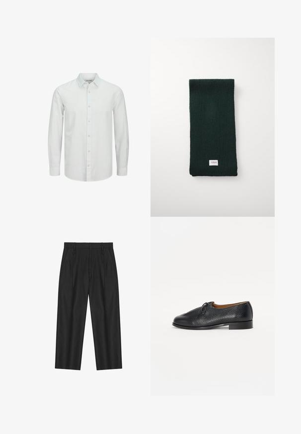 Olive green wool coat with double-breasted button closure, wide lapels, and front pockets. Worn over a black turtleneck.; White long-sleeve button-up shirt made of lightweight fabric, featuring a classic collar and subtle texture. Buttons in a matching color.; Two white cotton t-shirts with round necklines and short sleeves, featuring a small black polo logo on the bottom left side.; Black straight-leg trousers with belt loops, side pockets, and a slightly pleated front design.; Black leather shoe with a textured finish, rounded toe, and a small bow accent on the upper. Features a low, sturdy heel.; Dark green ribbed knit scarf featuring a rectangular shape and a small white label with "ARRKK" at the bottom. Soft texture.