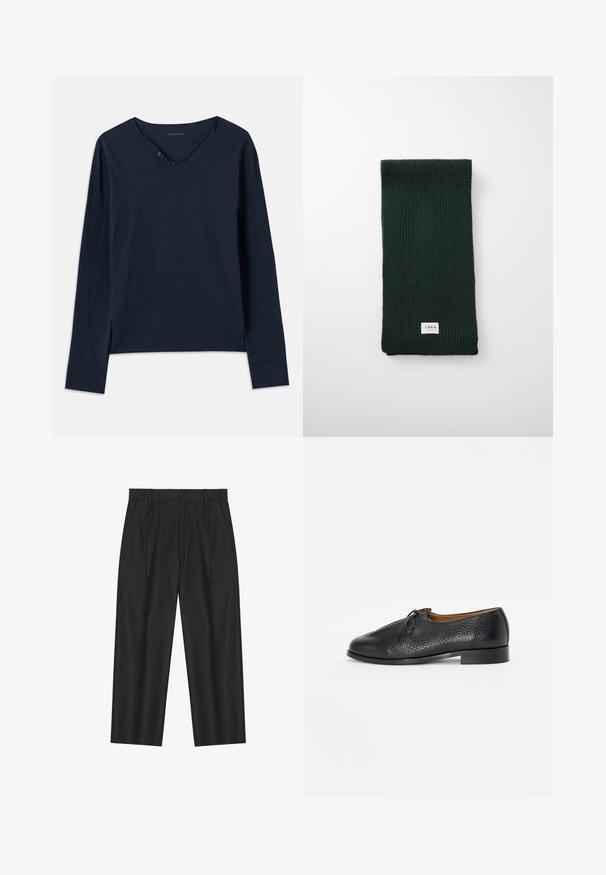 Olivengrøn uldfrakke med dobbeltradet knaplukning, brede slag og forlommer. Båret over en sort polo.; Langærmet, marineblå T-shirt lavet af blød bomuld. Har en v-hals med fem knapper og subtile sideslidser ved kanten.; Sorte lige bukser med bæltestropper, sidelommer og et let plisseret frontdesign.; Sorte lædersko med struktureret overflade, rund tå og en lille sløjfeaccent på overdelen. Har en lav, solid hæl.; Mørkegrøn ribbede strikket tørklæde med rektangulær form og et lille hvidt mærke med "ARRKK" nederst. Blød tekstur.