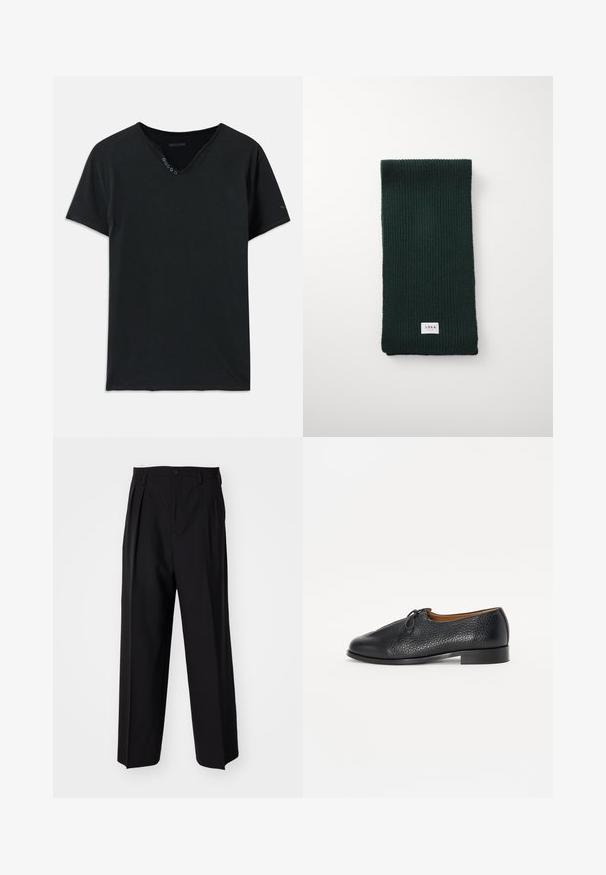 Olivengrøn uldfrakke med dobbeltradet knaplukning, brede slag og forlommer. Båret over en sort polo.; Sort bomulds T-shirt med V-hals, korte ærmer og fem knapper ved halsen. Glat tekstur med minimale syningsdetaljer.; Sorte plisserede bukser med et lige, bred ben-design. Fremstillet af glat stof, med en knaplukning og bæltesløjfer.; Sorte lædersko med struktureret overflade, rund tå og en lille sløjfeaccent på overdelen. Har en lav, solid hæl.; Mørkegrøn ribbede strikket tørklæde med rektangulær form og et lille hvidt mærke med "ARRKK" nederst. Blød tekstur.