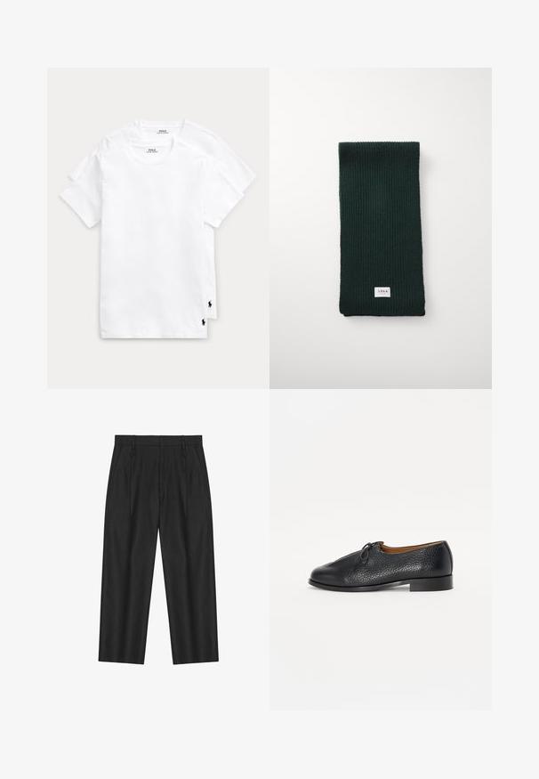 Olive green wool coat with double-breasted button closure, wide lapels, and front pockets. Worn over a black turtleneck.; Two white cotton t-shirts with round necklines and short sleeves, featuring a small black polo logo on the bottom left side.; Long-sleeve checkered shirt in beige, black, and brown fabric, featuring button closure, two chest pockets, and a classic collar design.; Black straight-leg trousers with belt loops, side pockets, and a slightly pleated front design.; Black leather shoe with a textured finish, rounded toe, and a small bow accent on the upper. Features a low, sturdy heel.; Dark green ribbed knit scarf featuring a rectangular shape and a small white label with "ARRKK" at the bottom. Soft texture.