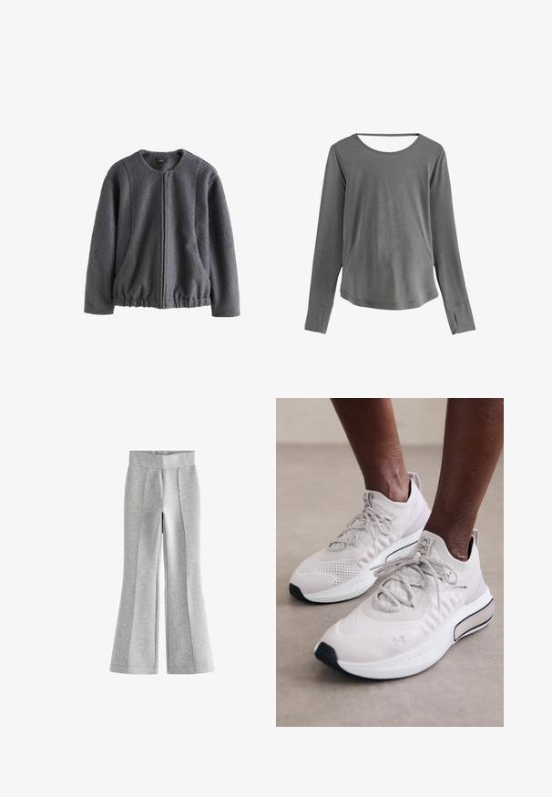 Hall hall, lukuga, pruun kaelus, kumerad õmblused ja elastne äär. Disain sisaldab külgpockets ja vertikaalseid õmblusi.; Hallide hallaste varrukatega särk, ümar krae, mugav lõige ja küljetaskud. Sujuv tekstuur ja peened õmbluse detailid.; Hallide flared treeningpüksid siledast kangast, laia vöökoha ja vertikaalsete õmblustega, mis lisavad mõõdet.; Heledad hallid spordijalatsid, millel on tekstuuriga kudum ülaküljel, pehme tallatoe ja mustad detailid, disainitud mugavuse ja jõudluse jaoks.