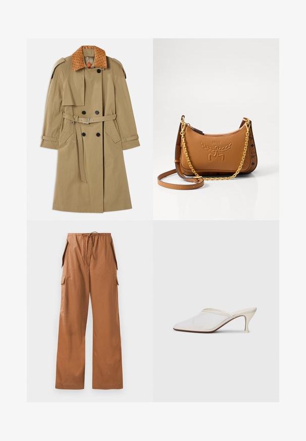 Beige trench coat with a textured brown collar, double-breasted buttons, a belt, and shoulder epaulets. Features side pockets and a relaxed fit.; MM by MaxMara SAPORE - Button-down blouse - mud; Brown wide-leg cargo pants made of lightweight fabric, featuring an elastic waistband with a drawstring and side pockets.; White mesh pointed-toe mule with a slim mid-height heel and slip-on design against a plain background.; Brown leather shoulder bag with embossed logo, gold chain and leather straps, curved shape, and decorative accents on the sides.