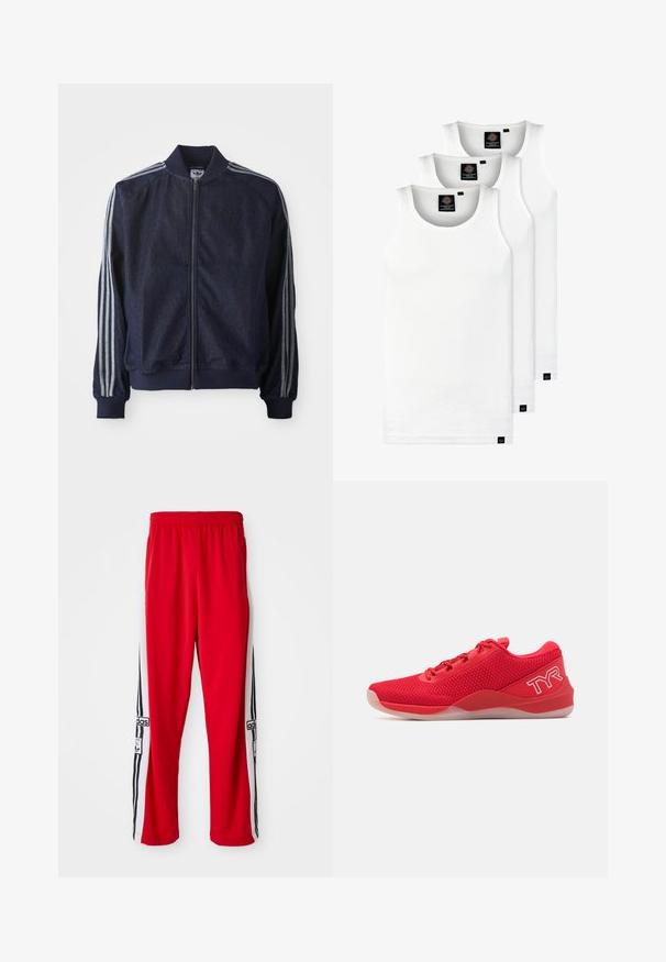 Marineblaue Jeansjacke mit Reißverschluss vorne, gerippten Bündchen und drei weißen Streifen an jedem Arm. Mit kleinem Logo auf der Brust.; Drei weiße, gerippte Tanktops aus Baumwolle. Merkmale einen Rundhalsausschnitt und kleine schwarze Etiketten am Saum. In mehreren Größen erhältlich.; Rote Jogginghose aus glattem Stoff, mit schwarzen und weißen Seitenstreifen und einem Logo-Patch. Der Bund ist elastisch für zusätzlichen Komfort.; TYR CXT2 - Trainingsschuh - red/white
