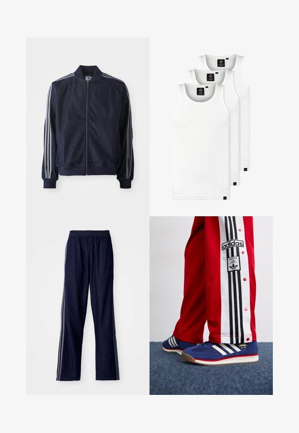 Marineblå denimjakke med glidelås foran, ribbestrikkede mansjetter og tre hvite striper langs hver arm. Har en liten logo på brystet.; Tre hvite ribbestrikkede tank topper laget av bomull. Har en rund hals og små svarte etiketter nær kanten. Tilgjengelig i flere størrelser.; Navy blå treningsbukser med elastisk midjebånd, med tre hvite sidelister og rett ben-design. Myk denimtekstur.; Adidas SL 72 sneakers i marineblå semsket med tre hvite striper, parret med røde treningsbukser med svarte side-striper og knapper.