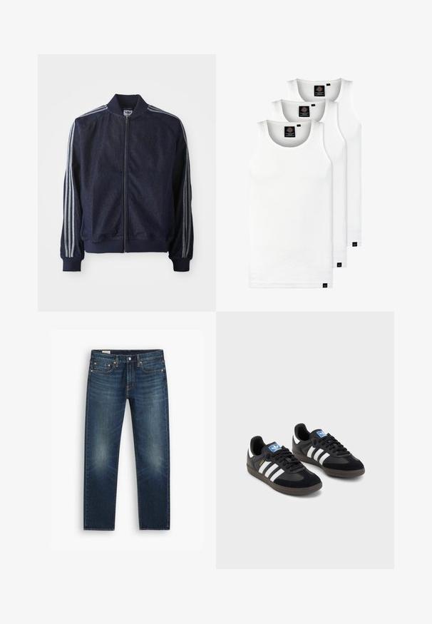 Navy denim jacket with a zip front, ribbed cuffs, and three white stripes along each arm. Features a small logo on the chest.; Three white ribbed tank tops made of cotton. Features a crew neck and small black labels near the hem. Available in multiple sizes.; Blue denim jeans with a straight-leg cut, featuring light fading, copper rivets, and a classic waistband with a button closure.; Black sneakers with a suede and synthetic upper, featuring three white stripes, textured rubber sole, and blue logo tag on the tongue.