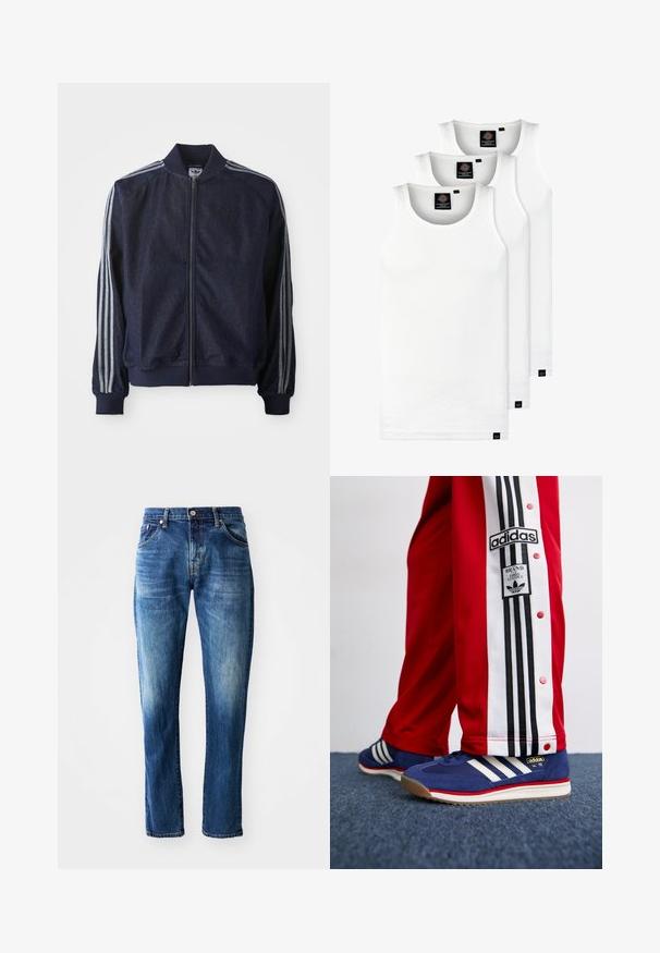 Marineblå denimjakke med glidelås foran, ribbestrikkede mansjetter og tre hvite striper langs hver arm. Har en liten logo på brystet.; Tre hvite ribbestrikkede tank topper laget av bomull. Har en rund hals og små svarte etiketter nær kanten. Tilgjengelig i flere størrelser.; Mørkeblå jeans i denim med rett benkutt, fem lommer, falmet detaljer og knappestenging foran med glidelås.; Adidas SL 72 sneakers i marineblå semsket med tre hvite striper, parret med røde treningsbukser med svarte side-striper og knapper.