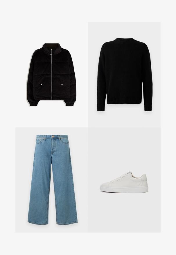 Fekete kordbársony puffertakaró kabát magas gallérral, elöl cipzárral, két patentgombos zsebbel és rugalmas mandzsettával fehér háttér előtt.; Fekete kötött pulóver bordás textúrával, kerek nyakkivágással és hosszú ujjakkal. Egyszerű dizájn; nincs további minta vagy díszítés.; Világoskék, bő szárú farmernadrág elülső gombbal és zsebekkel, egy sima fehér háttér előtt bemutatva.; Fehér bőr, alacsony szárú sportcipő kerek orral, lapos fehér gumitalppal és minimalista varrási részletekkel. A fűzők hat szemre fűzve.