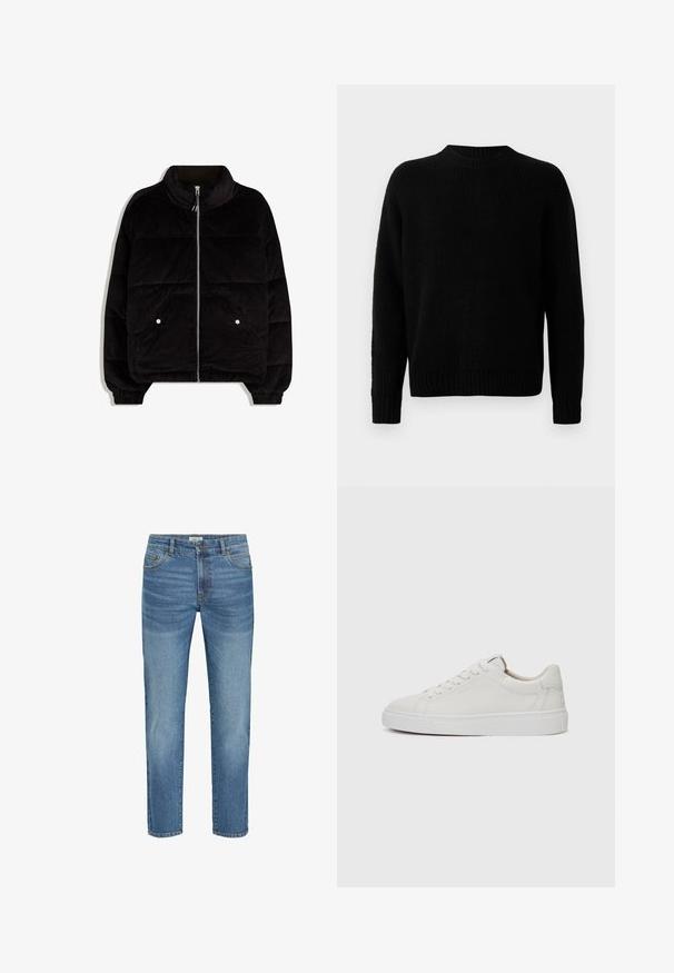 Giacca puffer in corduroy nera con colletto alto, zip frontale, due tasche con bottoni a scatto e polsini elasticizzati su sfondo bianco.; Maglione nero a maglia con una texture a coste, scollatura rotonda e maniche lunghe. Design semplice; nessun motivo o accento aggiuntivo.; Jeans in denim azzurro chiaro con un design classico a gamba dritta, dotati di cinque tasche, chiusura con bottone in metallo e leggero sbiadimento del tessuto.; Sneakers bianchi in pelle, modello low-top, con punta rotonda, suola piatta in gomma bianca e dettagli di cucitura minimalista. Lacci fissati attraverso sei occhielli.