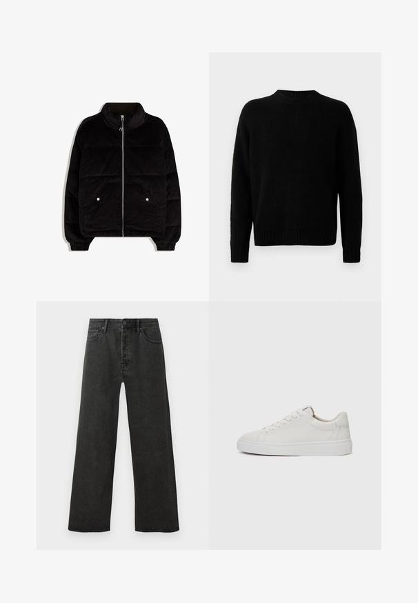 Fekete kordbársony puffertakaró kabát magas gallérral, elöl cipzárral, két patentgombos zsebbel és rugalmas mandzsettával fehér háttér előtt.; Fekete kötött pulóver bordás textúrával, kerek nyakkivágással és hosszú ujjakkal. Egyszerű dizájn; nincs további minta vagy díszítés.; Fekete, magas derekú, egyenes szárú farmernadrág elülső gombbal, cipzáras záródással és öt zsebes kialakítással fehér háttér előtt.; Fehér bőr, alacsony szárú sportcipő kerek orral, lapos fehér gumitalppal és minimalista varrási részletekkel. A fűzők hat szemre fűzve.