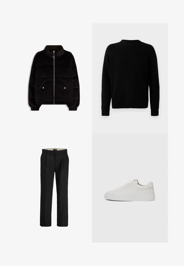 Schwarze Corduroy-Pufferjacke mit hohem Kragen, Frontreißverschluss, zwei Druckknopftaschen und elastischen Bündchen auf weißem Hintergrund.; Schwarzer Strickpullover mit gerippter Textur, runden Ausschnitt und langen Ärmeln. Einfaches Design; keine zusätzlichen Muster oder Akzente.; Schwarze, schmal geschnittene Stoffhose mit flachem Frontdesign, zwei Seitentaschen, glatter Textur und geradem Bein. Mit Gürtelschlaufen für zusätzlichen Stil.; Weiße Leder-Sneaker im Low-Top-Stil mit runder Zehenform, flacher weißer Gummisohle und minimalistischen Steppnähten. Schnürsenkel sind durch sechs Ösen gesichert.