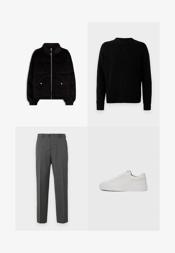 Svart manchesterpuffjacka med hög krage, frontdragkedja, två knappfickor och elastiska manschetter på en vit bakgrund.; Svart stickad tröja med ribbad textur, rund halsringning och långa ärmar. Enkelt design; inga ytterligare mönster eller detaljer.; Kolfärgade herrkläningar med subtila ränder, knäppning, bältesöglor och rak bendesign mot en vit bakgrund.; Vita läder sneakers med låg profil, rund tå, platt vit gummisula och minimalistiska sömmar. Skosnören säkrade genom sex hål.